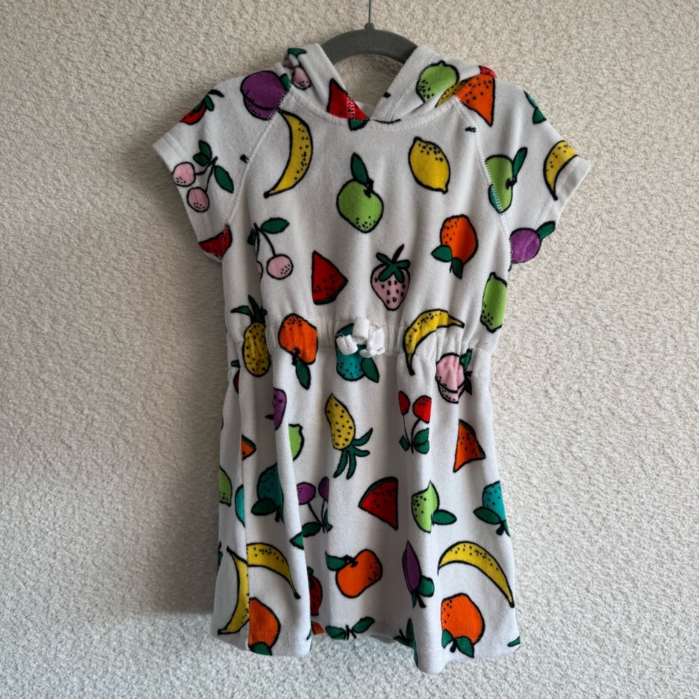 Hanna Andersson Fruit Pattern Terry Cloth Hooded Pull Over Cover Up Dress Size 4